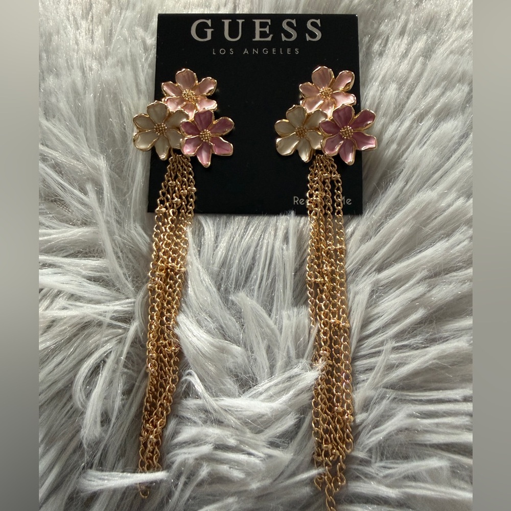 Guess Floral Pink and Cream Gold-Tone Chain Drop Earrings